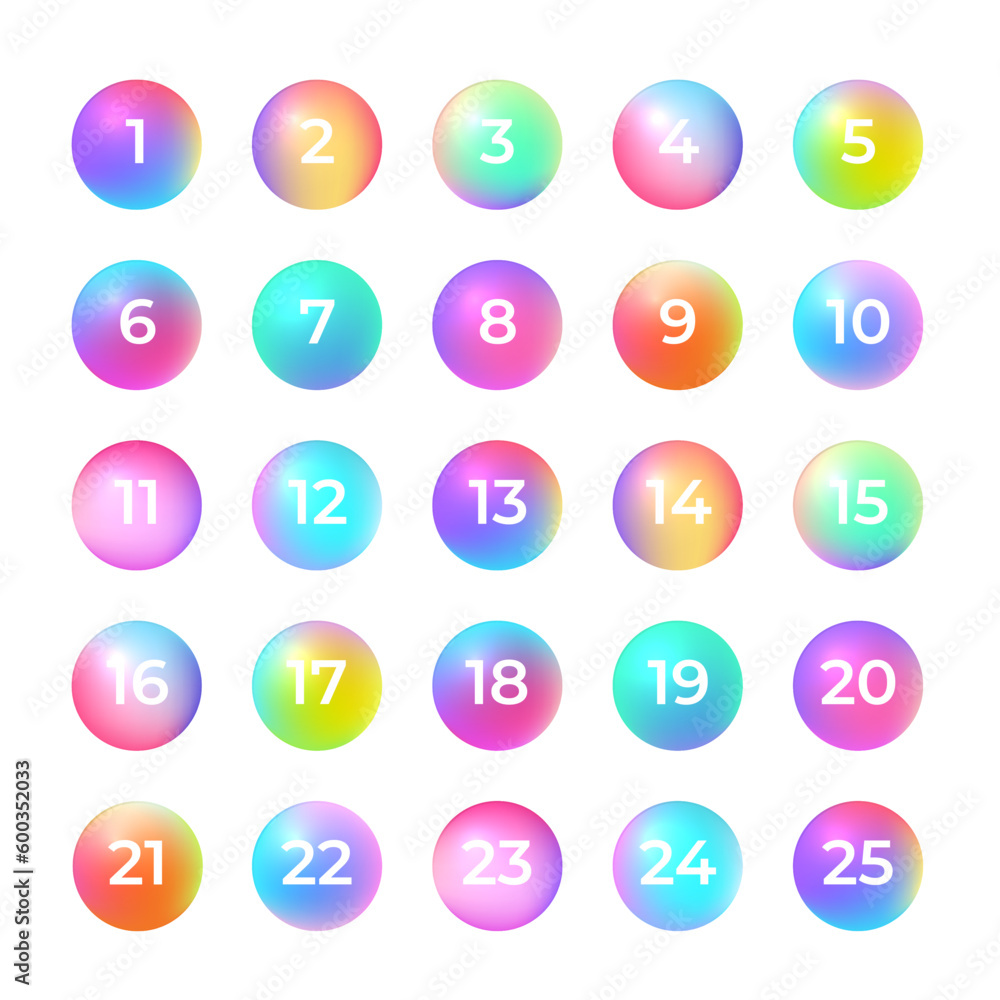 Poster number bullet points 1 to 25. trendy gradient 3d markers vector collection