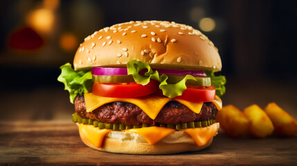 A burger decorated with vegetables and cheese. AI Generated