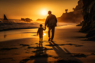 A father and son walk hand in hand along a beach. AI Generated