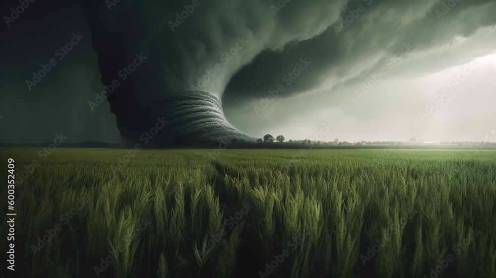 Poster a storm is approaching a green field as it moves in. generative ai