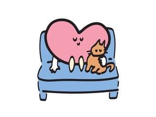 ペットの猫を抱きしめてリラックスして過ごすハート型のかわいいキャラクターのイラスト