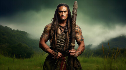 Maori Warrior standing tall - obrazy, fototapety, plakaty