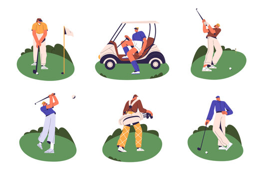 People golfers playing golf with balls, clubs, putters, bag, car cart, holes on grass field. Leisure sport, game on lawn on summer holiday. Flat vector illustrations isolated on white background