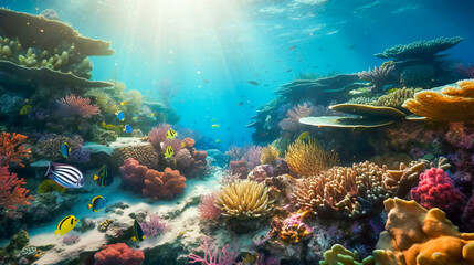 Naklejka na ściany i meble Diving into a Vibrant World of Coral and Sea Creatures. Generative AI