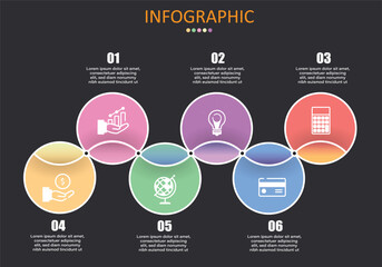 Vector circle infographic 6 steps or 6 with interconnected sections to show work plan in education, finance and management presentation or work timeline,modern style overlay on gray background.