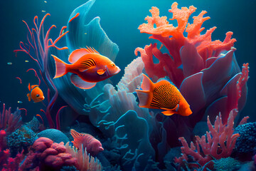 Obraz na płótnie Canvas Exploring the Colorful Underwater World. A Collection of Exotic Fish and Coral Reefs. Generative AI