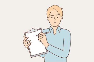 Man psychiatrist demonstrates clipboard and looks skeptically at screen while asking patients