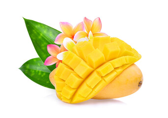 ripe mango with green leaf isolated on white background