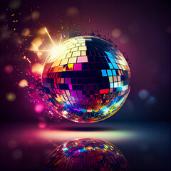 Obraz premium Glittering Disco Ball in the Air on Disco Background. Album Cover. Generative AI