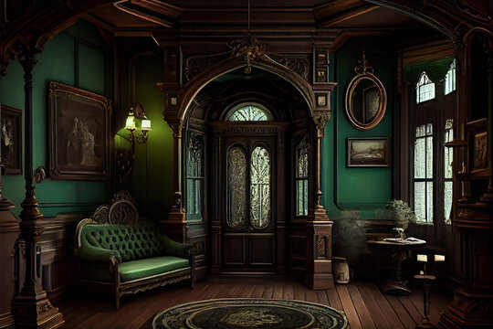 Gothic Scary Exclusive Interior.  Dreadful Appalling Unique Room with Ornamental Woodwork in Green and Black. Generative AI