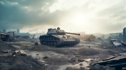 Thundering Tank on the Battlefield.  In the Heart of the Battle. Generative AI