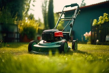Mowing the Lawn.  A Beautifully Trimmed Backyard. Generative AI