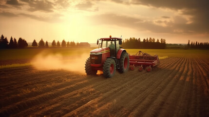 Fototapeta premium Agricultural vehicle works at sunset in countryside, banner, ai genrative