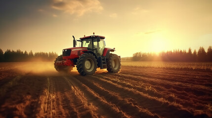 Fototapeta premium Agricultural vehicle works at sunset in countryside, banner, ai genrative