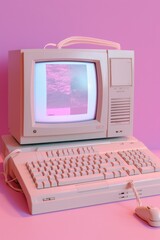 Pink computer keyboard with computer screen, y2k aesthetic. Generative AI.