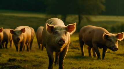 Pigs graze on farm in countryside.  Pig is feeding on the green meadow. AI Generated