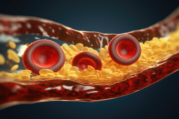 clogged arteries with cholesterol plaque, artery with blood flow obstructed by cholesterol, generative AI