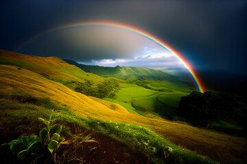 Naklejka premium Lush Overlook. A Picturesque Rainbow Scenery on a Beautiful Hill. Generative AI