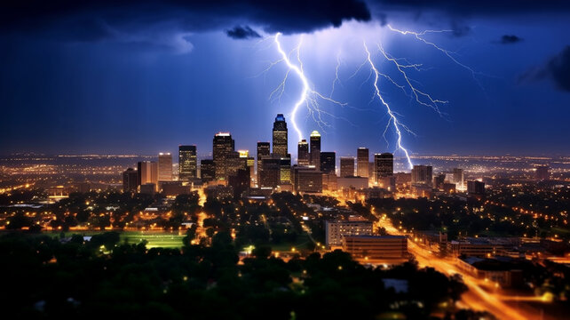Blitz Gewitter vor einer Stadt Skyline, fotorealistische Illustration, Nachtaufnahme eines Blitz während eines Gewitters, KI generiert