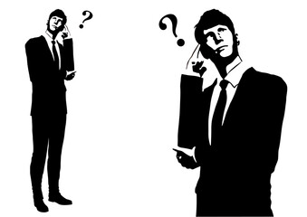 クエスチョンマークと悩むビジネスマン男性のシルエットセット  全身正面と上半身のイラスト