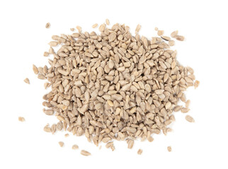 Heap of natural shelled sunflower seeds over white background
