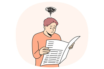 Confused man reading newspaper feeling unsure about news. Skeptical doubtful guy unhappy about disinformation and propaganda in printed media. Vector illustration.