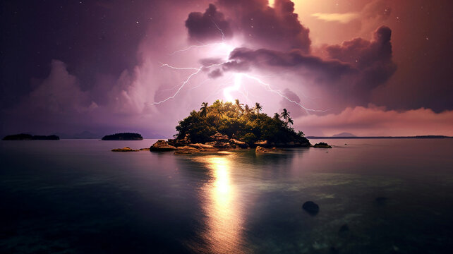 Blitz Gewitter fotorealistische Illustration: Ein Blitz schl&auml;gt auf einer Insel ein, im Meer spiegelt sich der Blitz, Nachtaufnahme eines Blitz w&auml;hrend eines Gewitters, KI generiert