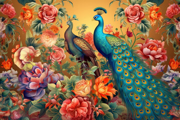 Vibrant Peacock Feathers Mural - A Captivating Display of Ornate Beauty and Rich Hues, Creating a Mesmerizing and Lively Atmosphere in Any Space with Abstract Patterns and a Dynamic Array of Colors.