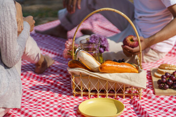 In love couple enjoying picnic time in park outdoors Picnic. happy couple relaxing together with picnic Basket