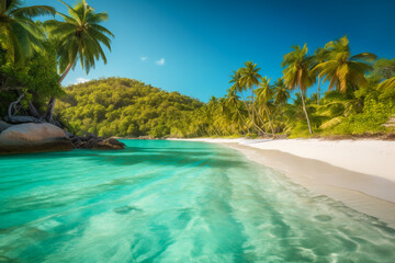 Tropical beach  with turquoise water, white sand, and palm trees. AI Generated