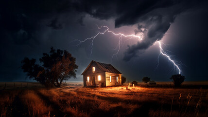 Blitz Gewitter: fotorealistische Illustration vor einer erleuchteten Hütte, Nachtaufnahme eines Blitz während eines Gewitters, KI generiert - obrazy, fototapety, plakaty