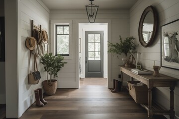 Wood entrance farmhouse door. Generate Ai