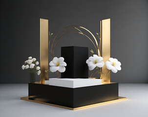 Gold schwarz weiß leeres Ausstellungspodium-Modell Illustration AI Kl  3d für Produkte mit weißen Blumen 