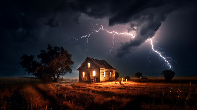 Blitz Gewitter: fotorealistische Illustration vor einer erleuchteten Hütte, Nachtaufnahme eines Blitz während eines Gewitters, KI generiert