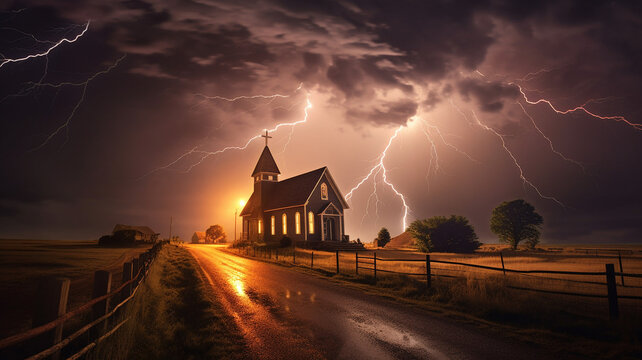 Blitz Gewitter fotorealistische Illustration: Ein Blitz schl&auml;gt hinter einer Kirche ein, Nachtaufnahme eines Blitz w&auml;hrend eines Gewitters, KI generiert
