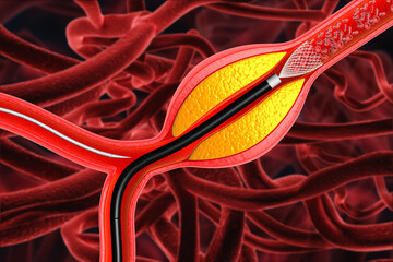 Balloon angioplasty procedure to expanded artery for blood flow improved. 3d illustration