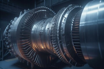 Fototapeta na wymiar A 3D rendered gas turbine engine powers a centrifugal gas compressor. Generative AI