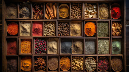 variety of most most popular spices in a wooden box. Ai Generated - obrazy, fototapety, plakaty