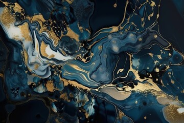 Abstract dark blue background with golden foil. Artificial stone texture, fake agate, trendy marbled wallpaper, digital marbling illustration, Generative AI