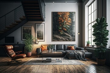 Modern Scandinavian living room interior, Generative ai 