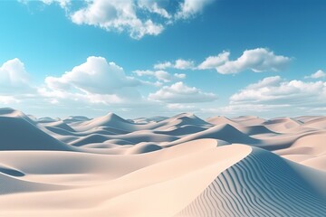 Fototapeta na wymiar 3d render, abstract simple panoramic background. Desert landscape with sand dunes under the blue sky with white clouds. Modern minimal aesthetic wallpaper, Generative AI