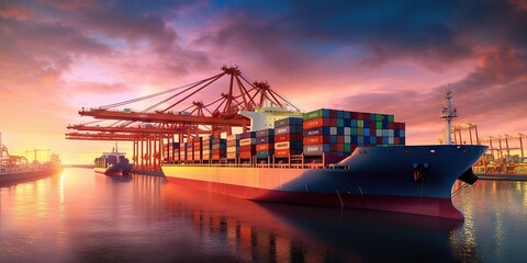 Container Ship Docked at Port during Sunset. Transportation, Cargo, and Shipping Industry. Generative AI illustrations