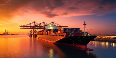 Fototapeta na wymiar Container Ship Docked at Port during Sunset. Transportation, Cargo, and Shipping Industry. Generative AI illustrations