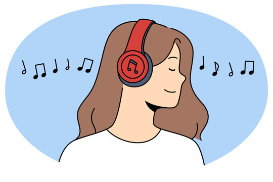 Side view of happy relaxed girl in wireless headphones listen to music. Smiling young woman in modern earphones enjoy good quality sound on gadget. Technology. Vector illustration.