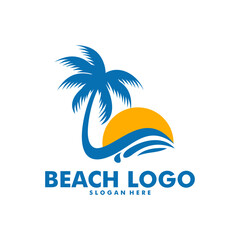 Obraz premium Beach logo design Vector, Beach, palm and Sunset vector template
