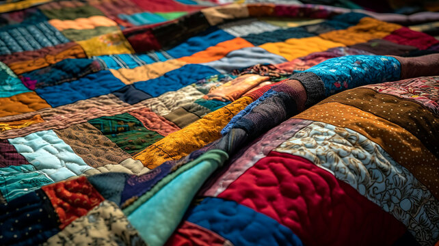Handmade quilt with various fabric patches, symbolizing the unique blend of personalities, stories, and backgrounds within a family.