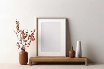 Blank picture frame mockup on gray wall. White living room design. generative AI