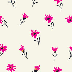 Seamless pattern, cute pink flowers ditsy print. Hand-drawn plants. Vector illustration