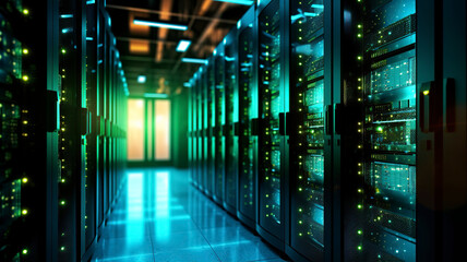 Row of network servers with glowing LED lights.