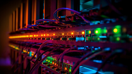 Row of network servers with glowing LED lights. - obrazy, fototapety, plakaty